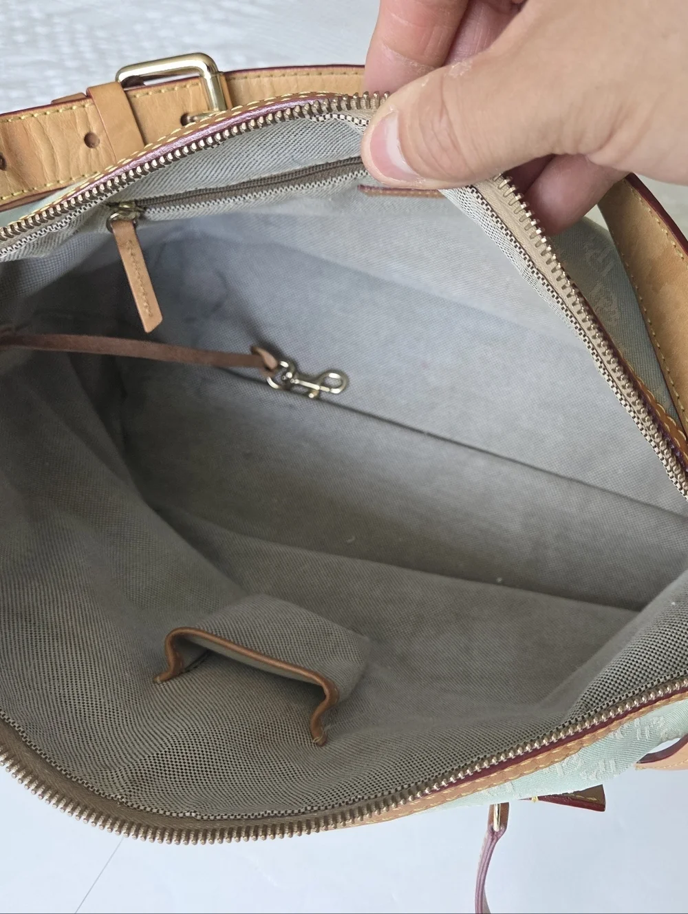 Dooney & Bourke Light Green Satchel with Tan Trim and Gold Hardware